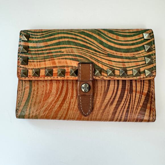 Patricia Nash Womens Wallet Tri Fold Italian Leather Wavy Studded Boho Brown - Picture 1 of 9